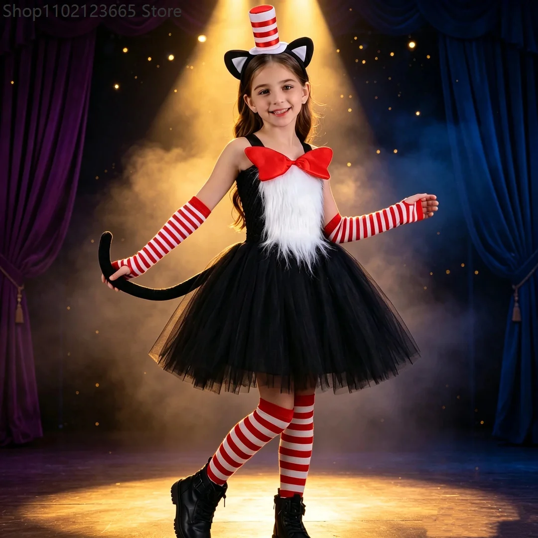Schwarze lustige Katzenkostüme mit Hut für Mädchen, Tier-Halloween-Kostüme, Kindergeburtstag, Ballett-Tutus-Outfits mit Hut, Haarschleife und Schwanz