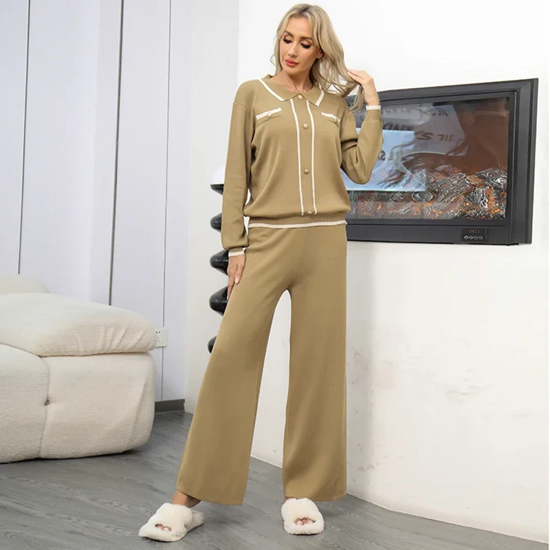 EVNISI 2 piece Polo Neck Buttons Pullover and Wide Leg Pants Knitted Set for Women Loose Casual Set Fall Winter Comfort Outfit