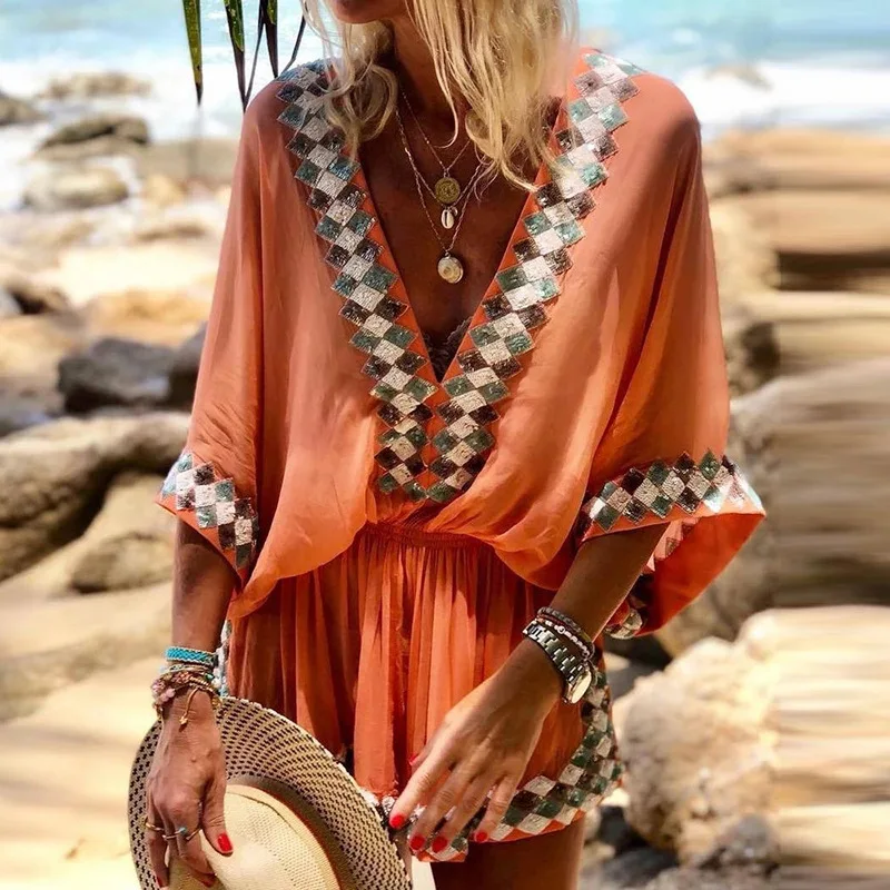 Sexy V Neck Bohemian Print Jumpsuit Office Lady Summer Casual Short Wide Leg Jumpsuits For Women 2023 Colorful One Piece Rompers