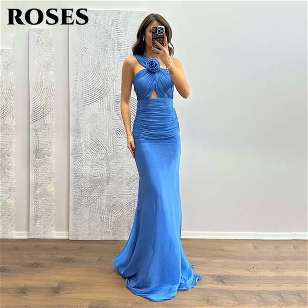 

ROSES Bright Blue Evening Dress One Shoulder Party Dress with Floral Prom Gown for Women Ruched Mermaid robes du soir Customized