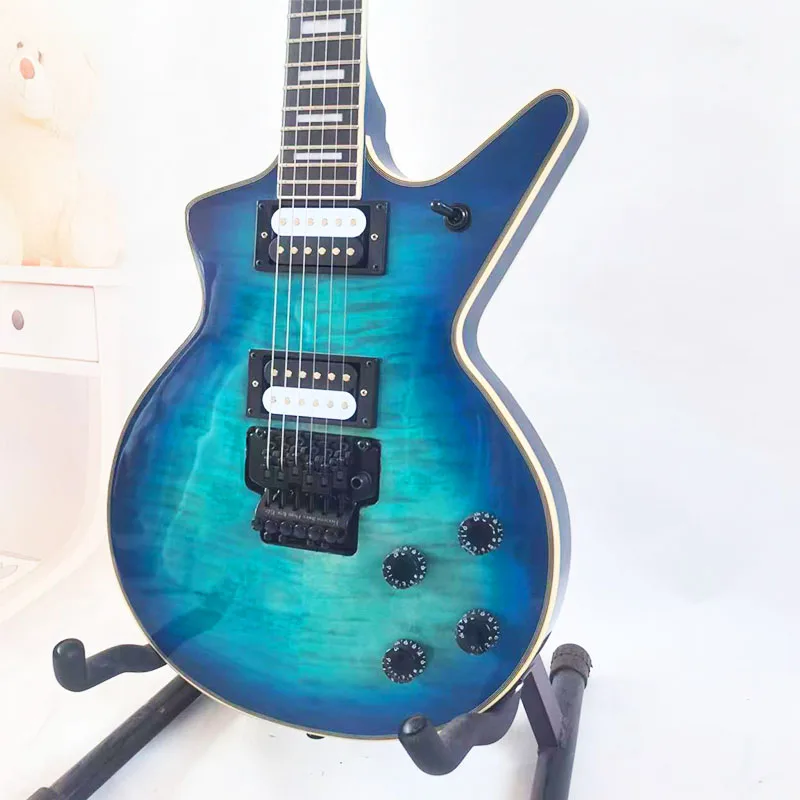 Blue Tiger Stripe Gradient Unique Shape Electric Guitar, Dual Humbucker Pickups, Double Locking Tremolo Bridge, Solid Wood Body, for Heavy Metal Rock Practice, Stage Performance, Holiday Gift