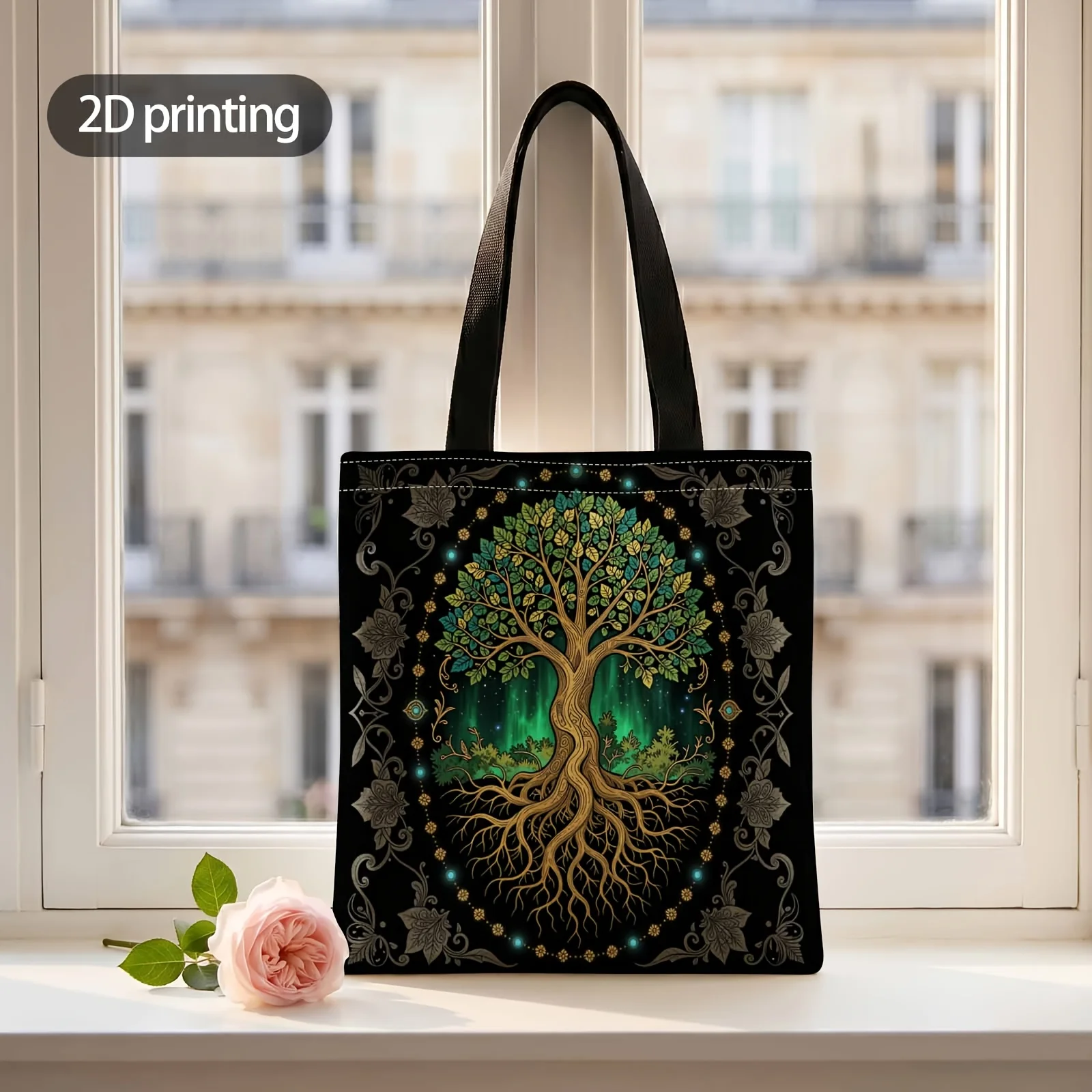 2D Printed Handbag with Tree of Life Glowing Bright Pattern, Reusable Fashion Shoulder Bag Shopping Tote Bag Suitable for Shoppi