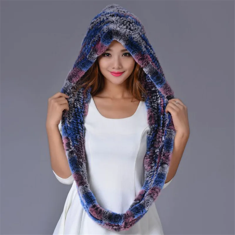 winter real rex rabbit fur scarf with hood women luxury fur muffers thick warm fashionable in 2022