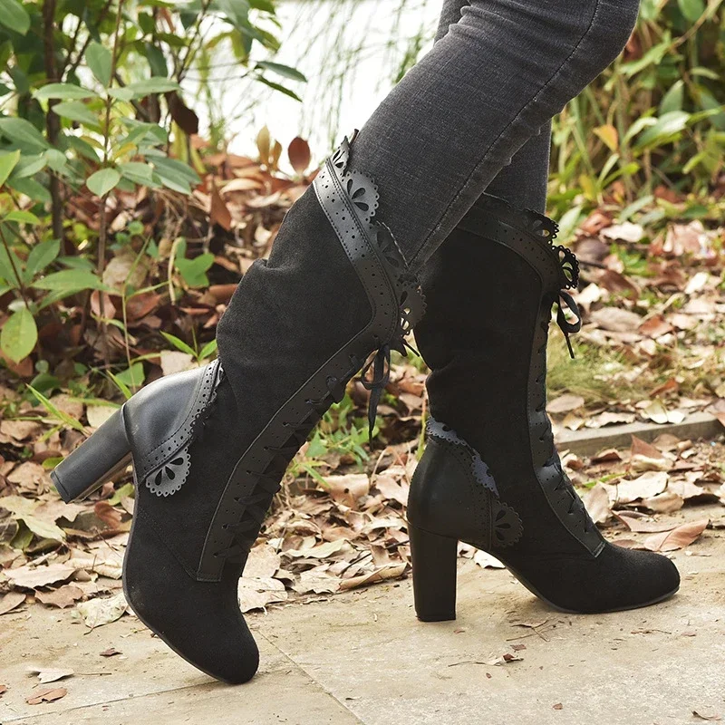 Women Lace Women's High Heel Middle Tube Boots Retro Leather Winter Shoes Booties Cowboy