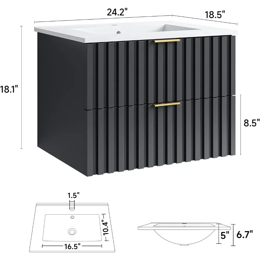 24 Inch Floating Bathroom Vanity with Sink Combo and with 2 Fluted Drawer & Metal Handles, Modern Wall Mount Bathroom Cabinet