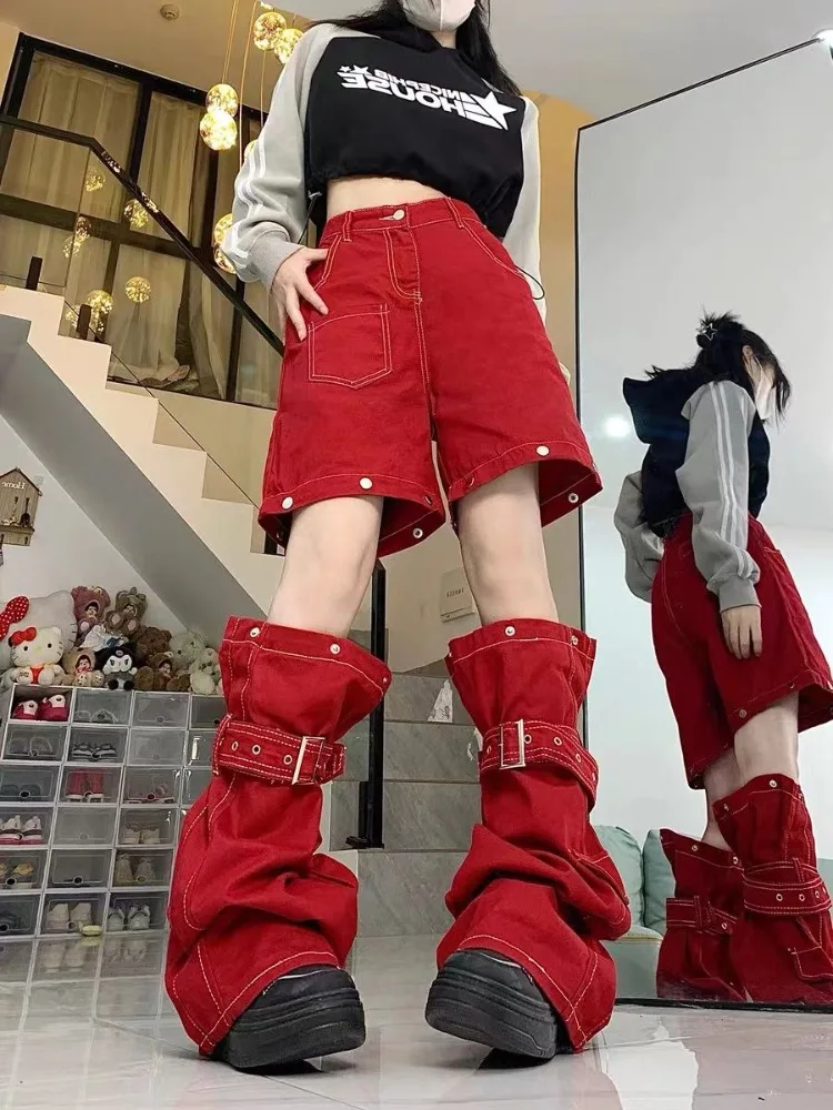 American Style Street Detachable Wide Leg Jeans Y2k E-Girl High Waist Short Pants 2024 Summer New Loose Shorts for Women