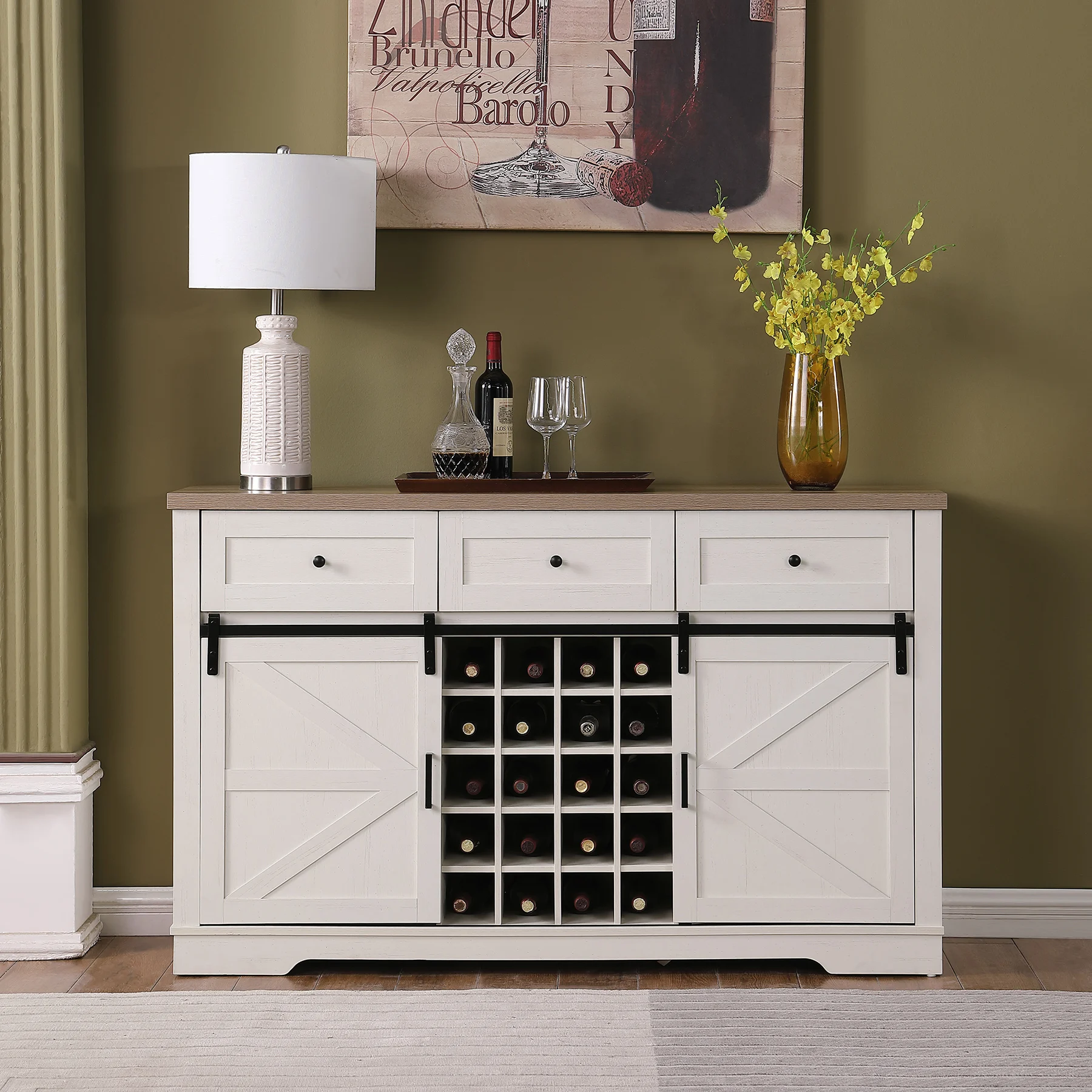 

Kitchen Coffee Bar Cabinet Wine & Glass Rack Storage Shelves 3 Drawers Rustic Large Buffet Sideboard for Dining Room