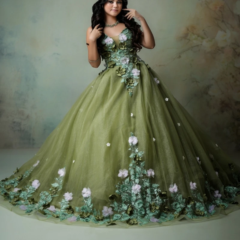 

Olive Green Shiny Quinceanera Dresses Off The Shoulder Applique Flower Tull Party Birthday Sweet 16 Dress Vestidos 15 De Anos