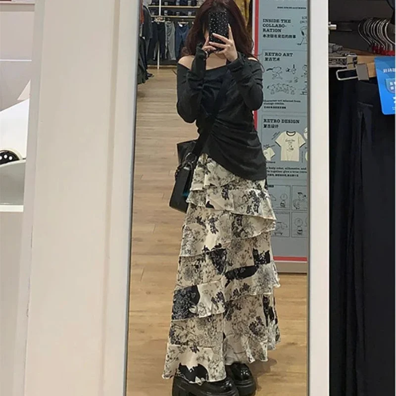 

Deeptown Elegant Long Skirt Women Vintage Print Ruffle Skirts Sweet Fashion Streetwear Irregular Layered Skirt Retro Aesthetics