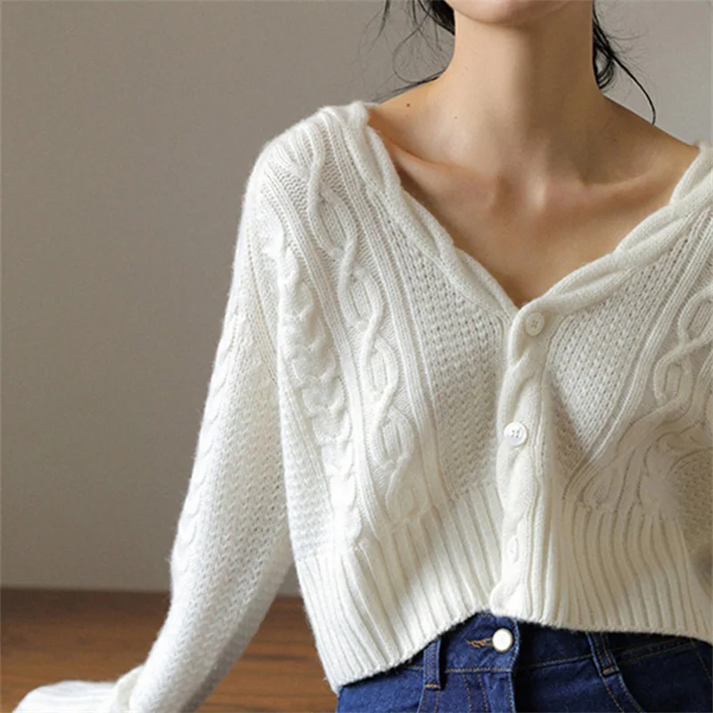 Gagarich Korean V-neck Fried Dough Twists Knitting Cardigan Women 2024 New Style Lazy Soft Waxy Sweater Coat Top