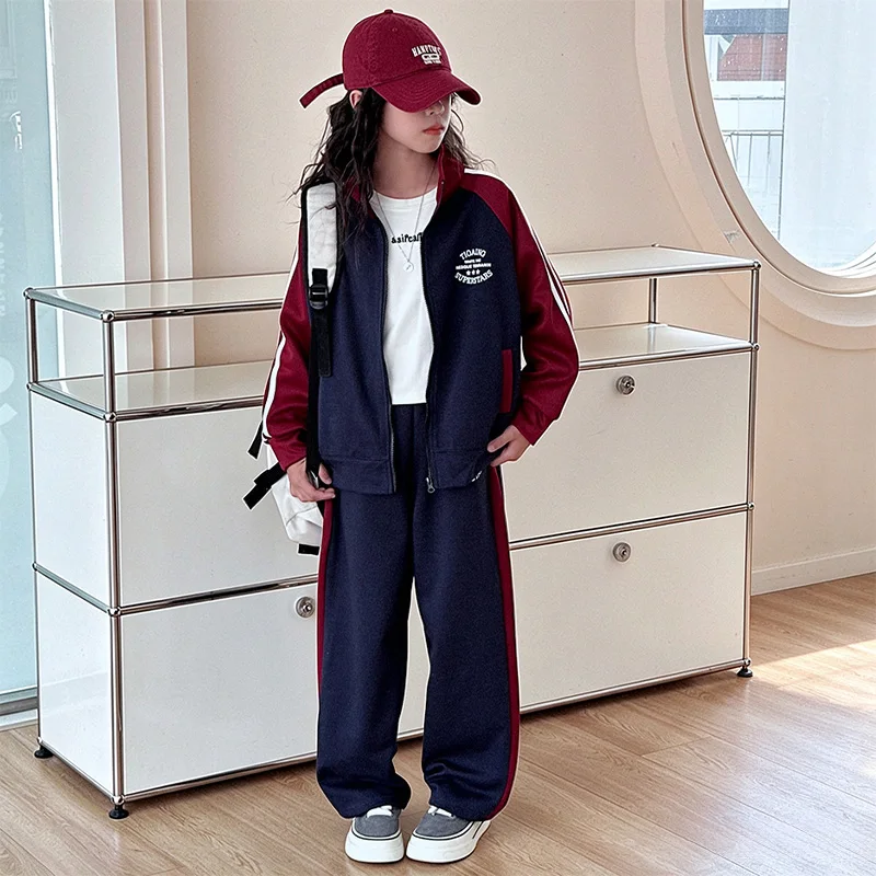 Spring Autumn Winter 5-14 Years Girls Color Block Tracksuit Kids Letter Print Jacket + Wide-leg Pants 2-Piece Fleece Warm Outfit