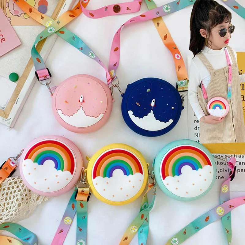 1 Silicone Rainbow Round Crossbody Coin Bag Kid Toddler Girl Children Shoulder Handbag Adjustable Strap Holiday Travel Pocket