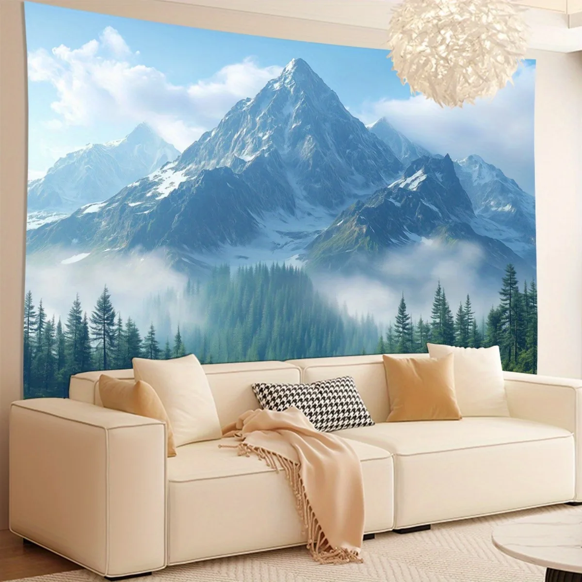 Snow Mountain Forest Tapestry, Misty Pine Trees and Snow-Capped Peaks Nature Art Wall Hanging for Bedroom Living Room Decor