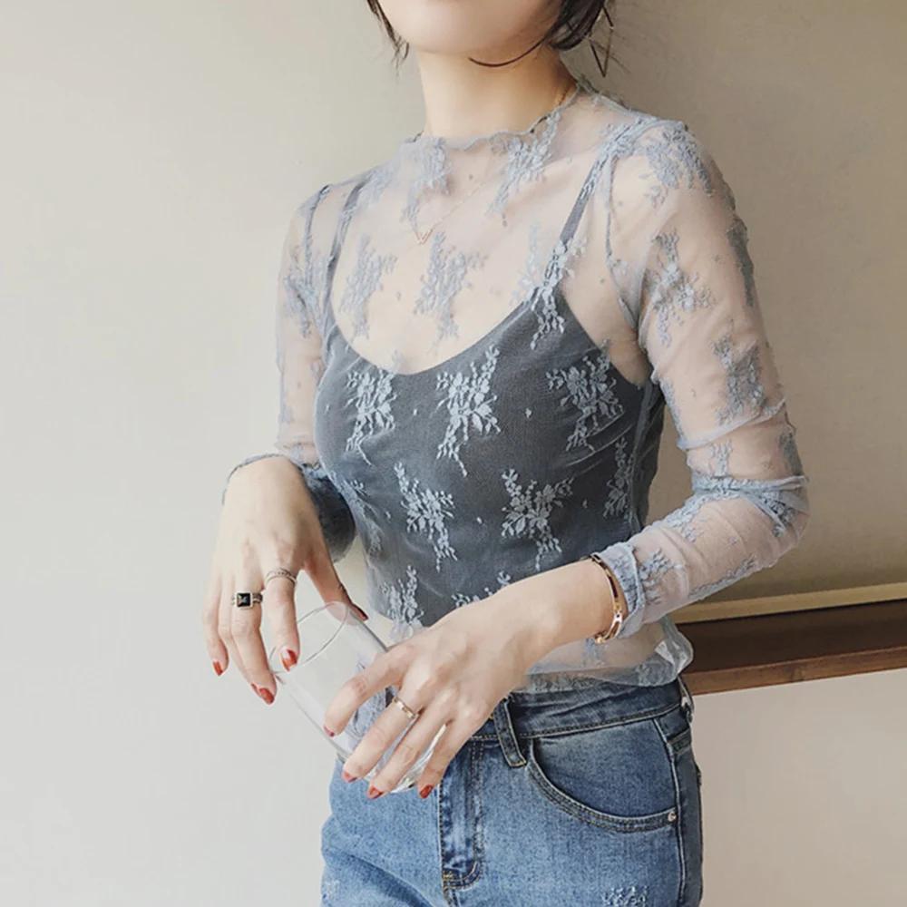 Women Half High Collar Lace Bottomed Blouse T-shirt Lace Ear Edge Spring and Autumn Western-style Hollow Long Sleeve Mesh Top