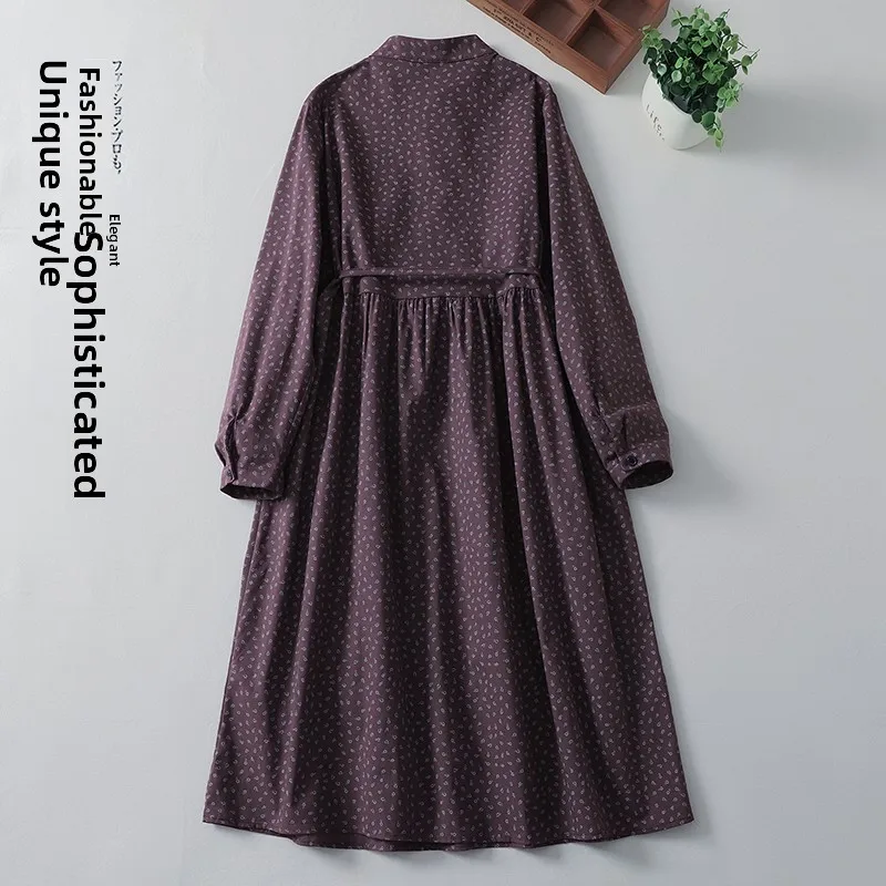 فستان قطني كتاني جديد لربيع 2025 بأكمام متوسطة الطول وحزام وياقة عالية، فستان قميص أساسي بتصميم A-line وأكمام عادية