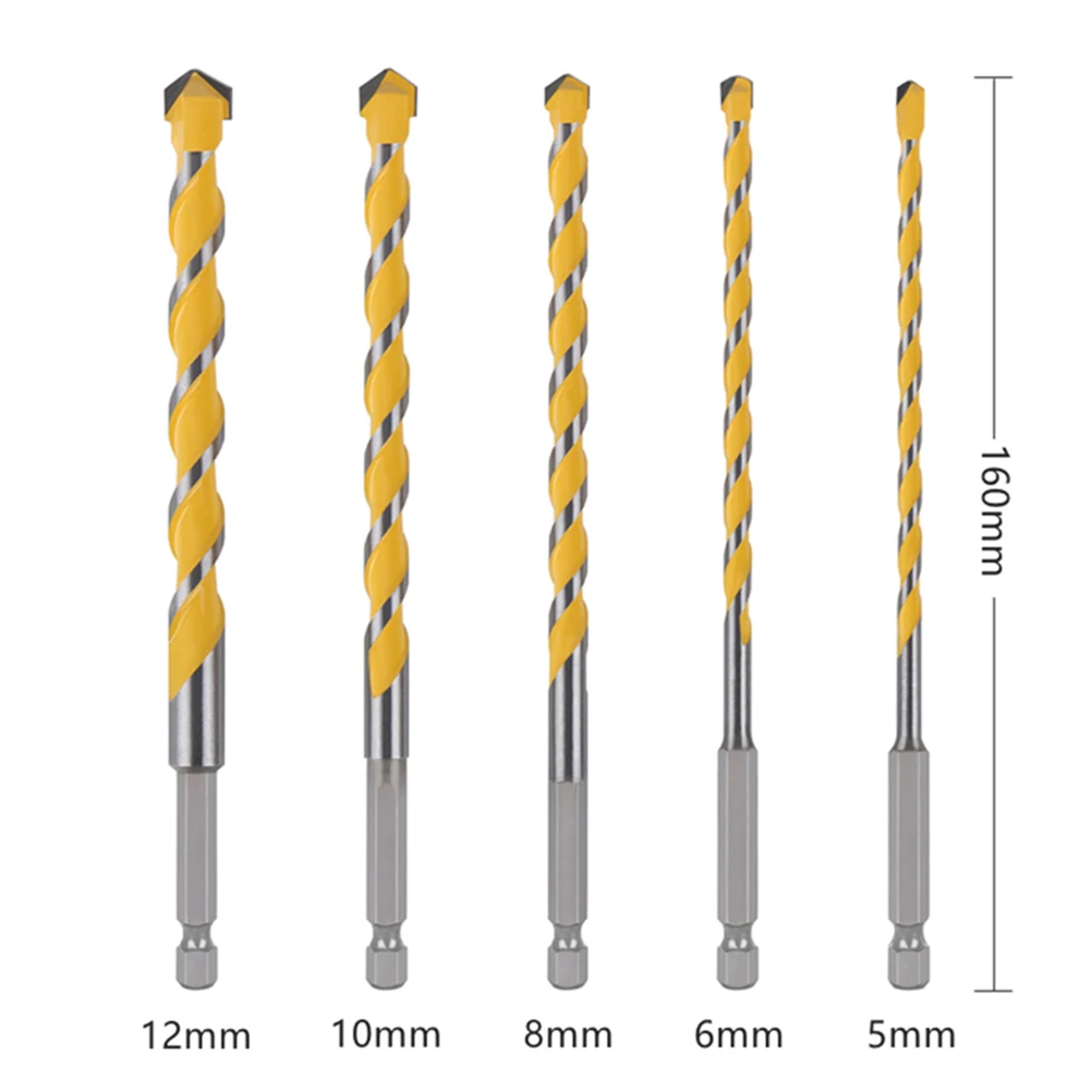 5pcs 5/6/8/10/12mm Drill Bit Set 160mm Hex Shank Carbide Drill Bits For Class Tile Punching Drill Bits Power Tools Parts