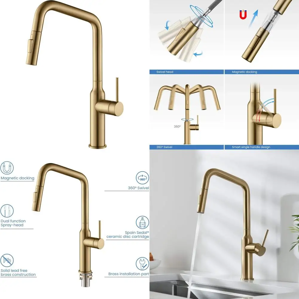 

High Arc Pull-Down Kitchen Faucet with 360-Degree Swivel Spout - Solid Brass Construction for Longevity and Durability