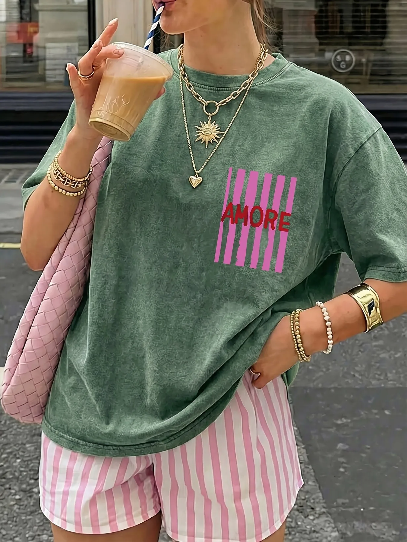 Summer 2026 Fashionable Casual 3D Stripes and Letters Pattern Printed Women's Short Sleeve Short Pants Set