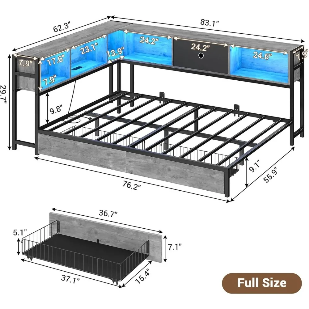 Narożna rama łóżka z regałem, pełna kanapa z szufladami do przechowywania pod dziećmi, łóżko dziecięce ze stacją ładującą i oświetleniem LED