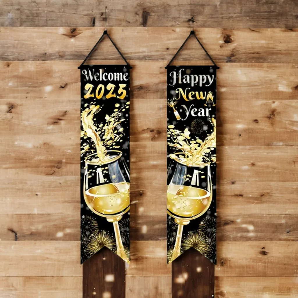 Banner per porta sospesa per Capodanno 2025 Happy Eve Party Porta da parete Decorativo Distico sospeso nero e oro per cortile esterno interno