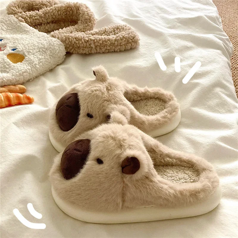 Capybara Slippers Women Winter One Word Cotton Cartoon Anime Cute Student Bedroom Suede Warm Fury Slippers Non Slip Flat Shoes