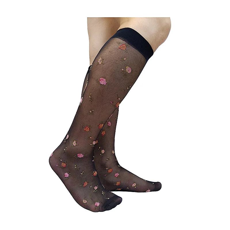 

Тонкие прозрачные мужские сексуальные носки черного цвета с цветочной вышивкой до колена формальный костюм мужские носки длинные чулки-трубочки прозрачные