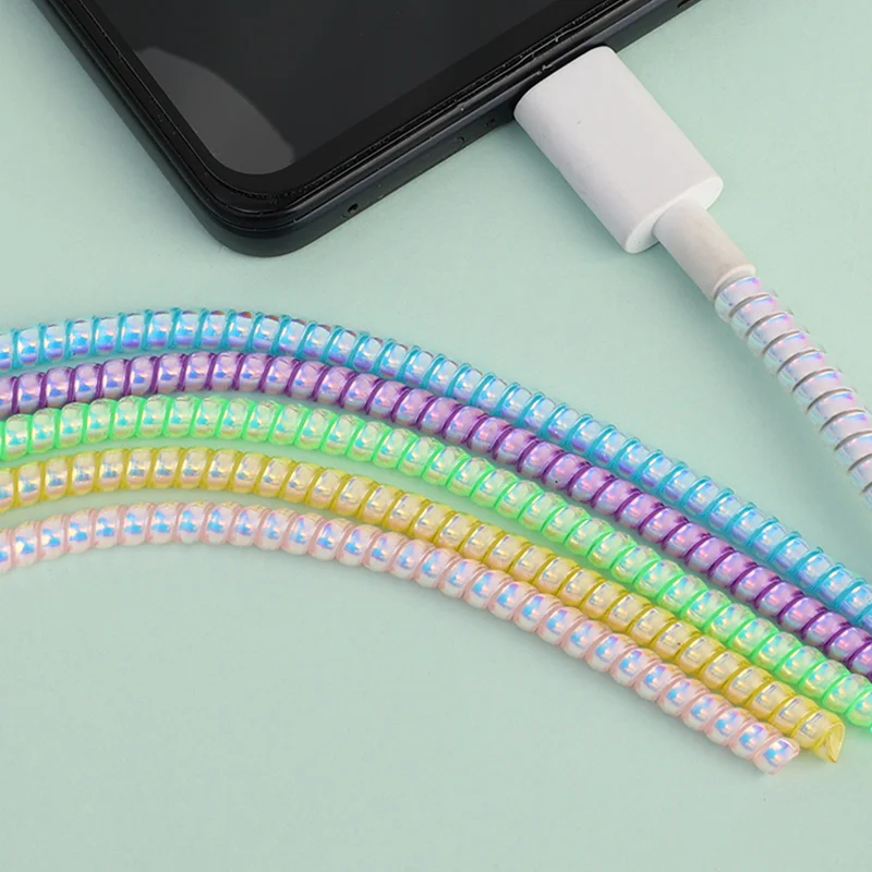 140CM láser colorido TPU espiral cargador USB Cable Protector cubierta envoltura Cable enrollador para Iphone Samsung organizador de cables de datos