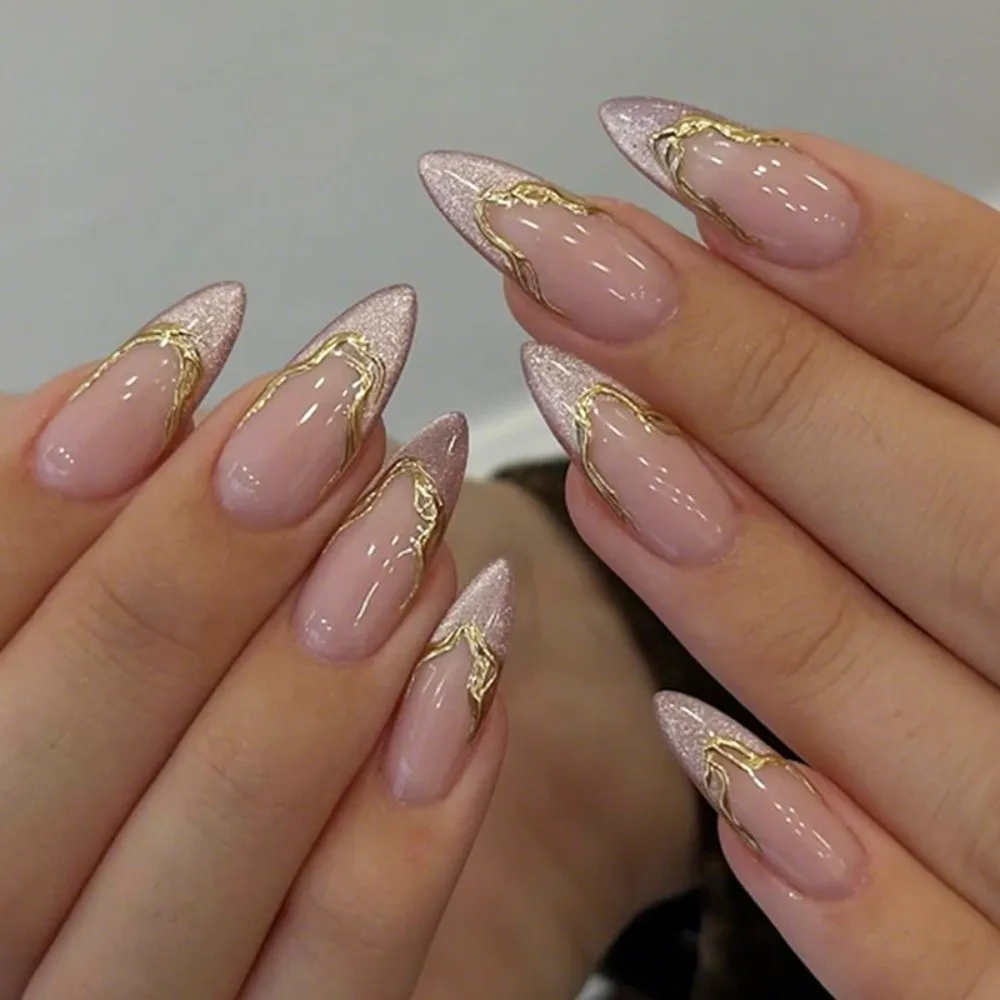 24Pcs New Detachable False Nail Rhinestone Wearable Press on Nails Full Cover with Polka Dot Nail Tips Women