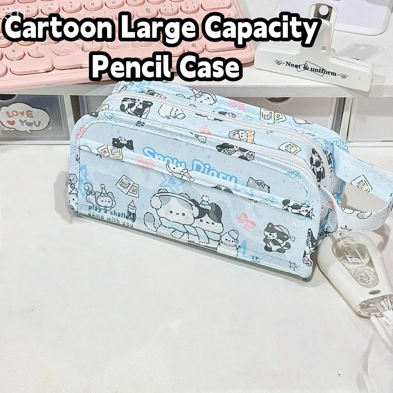 Lovely Illustrated Cat Big Capacity Pencil Bag Multi-floor Student Writing Tool Case Cosmetic Storage Satchel