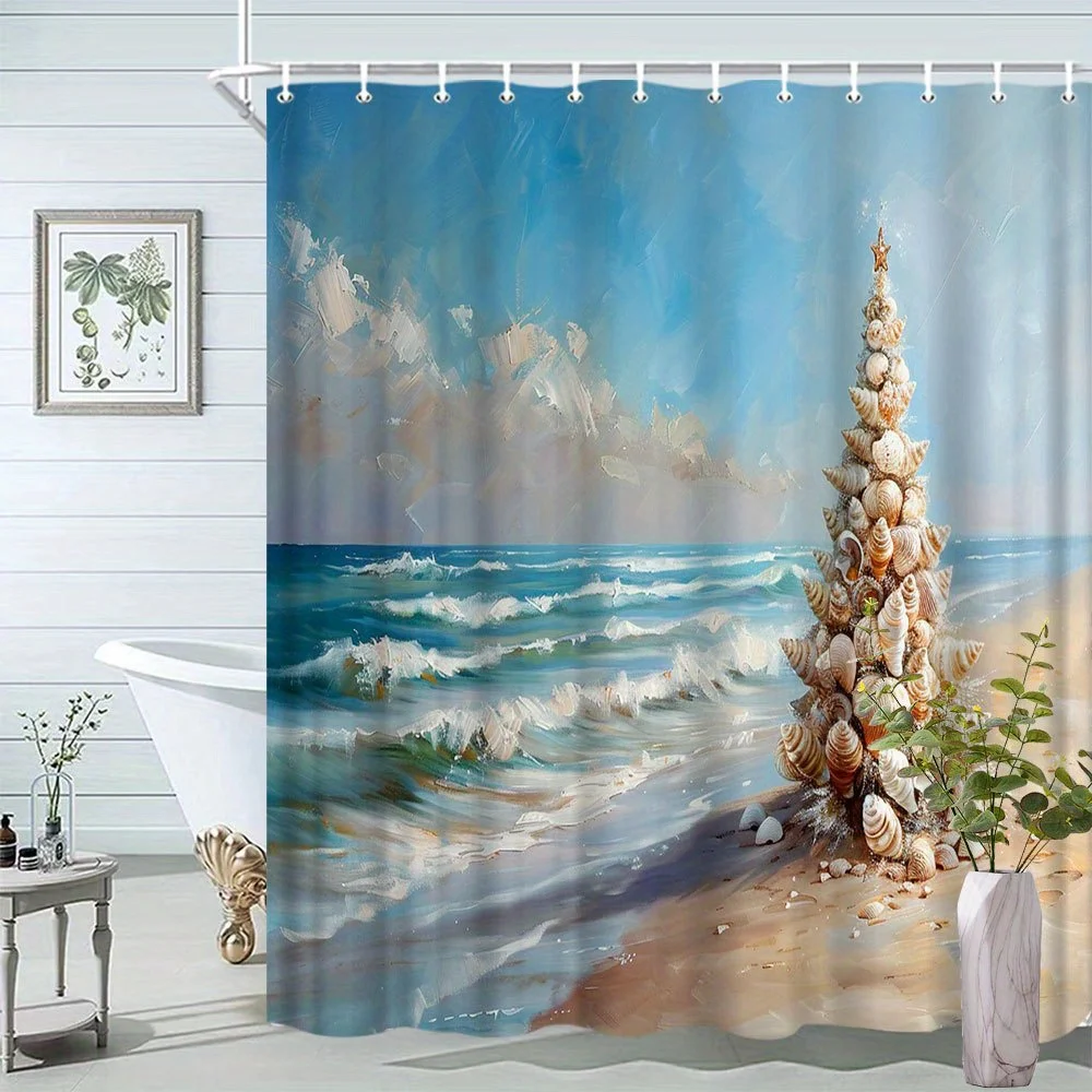 Christmas Shower Curtain - Ocean Beach Scenery with Tree & Shell Design, Creative Bathroom Decor, Polyester Fabric  Hooks