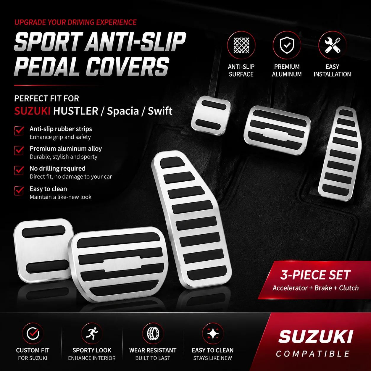 Suzuki HUSTLER Spacia Swift Pedal Covers, Aluminum Anti-Slip Sport Pedal Kit, Clutch Brake Accelerator Covers for Manual Cars