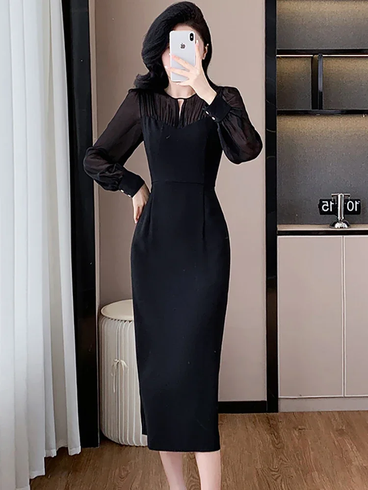 2024 Black Patchwork Mesh Sheer Sexy Long Dress Women Korean Vintage Hepburn Dress Autumn Winter Elegant Bodycon Festival Dress