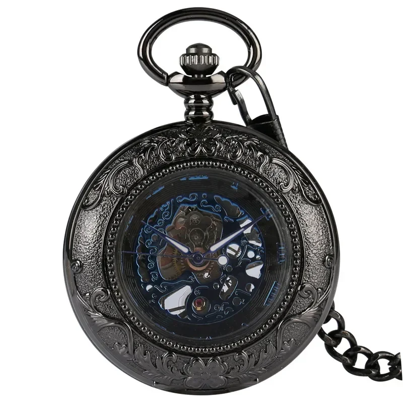 

Antique Black Skeleton Unisex Mechanical Hand Wind Poket Watch Transparent Glass Steampunk Roman Number Clock Fob Pendant Chain