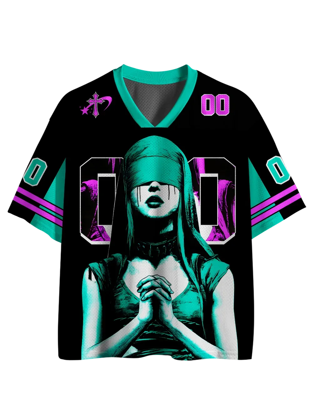 Children Adult Cold Tune Fluorescent Gothic Prayer Nun Dark V-neck Jersey Mesh American Retro Short Sleeve