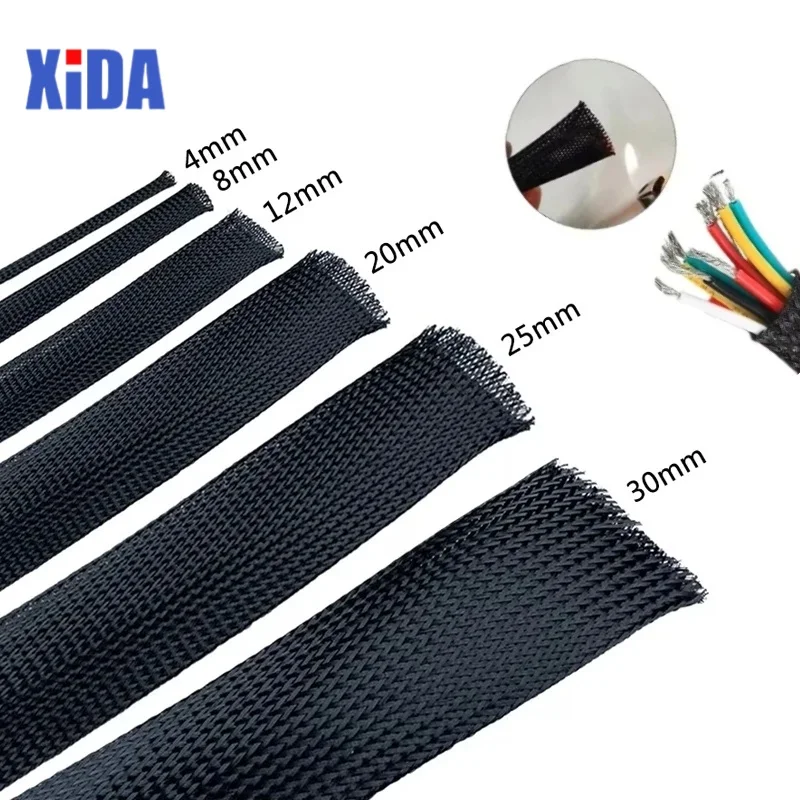 1/5/10M Black Insulated Braid Sleeving 6/8/10/30mm Tight PET Wire Cable Gland Protection Cable Sleeve Flame Retardant Nylon Tube