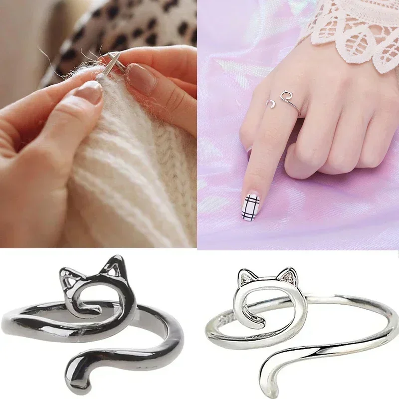 

Adjustable Crochet Tension Cute Cat Ring, Beginner Knitting Crochet Hook Ring, Yarn Guide Finger Holders Thimbles Winder Tools
