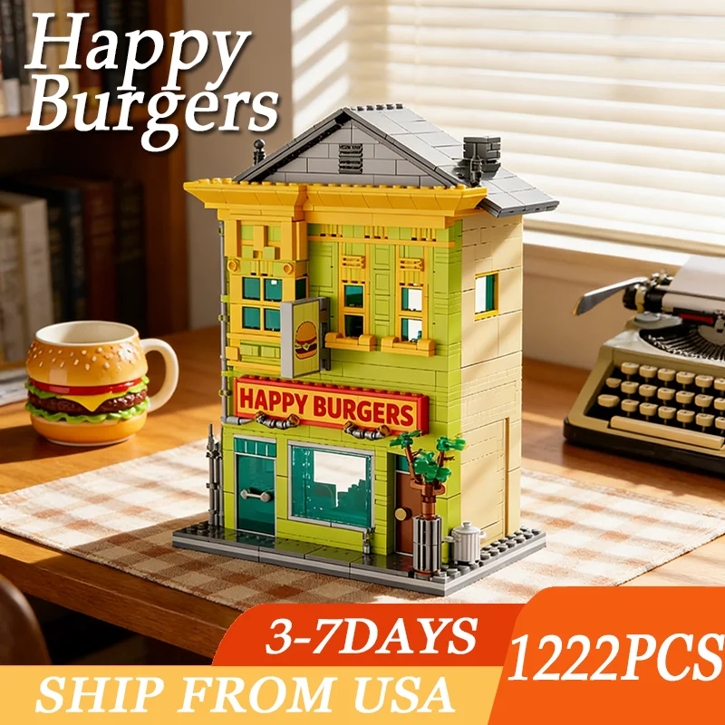 

Набор строительных блоков Happy Burgers, 1222 детали, модель для сборки, MOC, городской пейзаж, высокая сложность, кирпичики, подарки на день рождения для взрослых