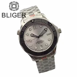 BLIGER 41mm NH35A Waterproof Automatic Men Watch Sapphire Glass Luminous Silver Dial Steel Bracelet Date Ceramic Bezel