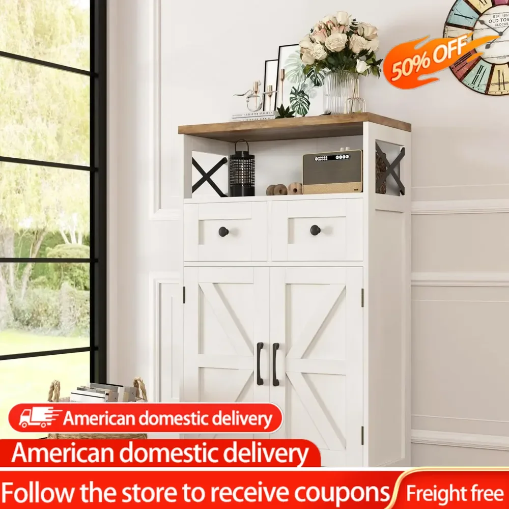 

Farmhouse White Storage Cabinet with Doors and Drawers, Freestanding Kitchen Pantry Cabinet,Floor Storage Cabinet Hutch Cupboard