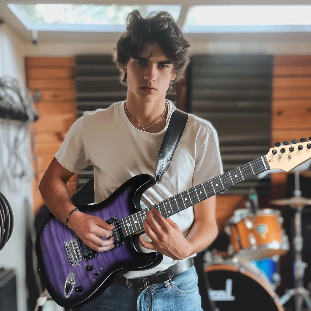 طقم جيتار كهربائي أنيق من خشب الزيزفون على شكل نمر من KST مع أمبير وحقيبة 20 وات