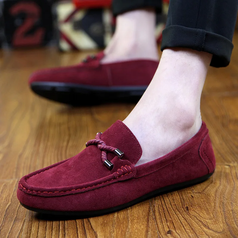 Men Loafers Solid Color Handmade Sewing Flat Heels Trendy Suede Leather Soft Sole New Men's Casual Teenager Slip on Driving Shoe