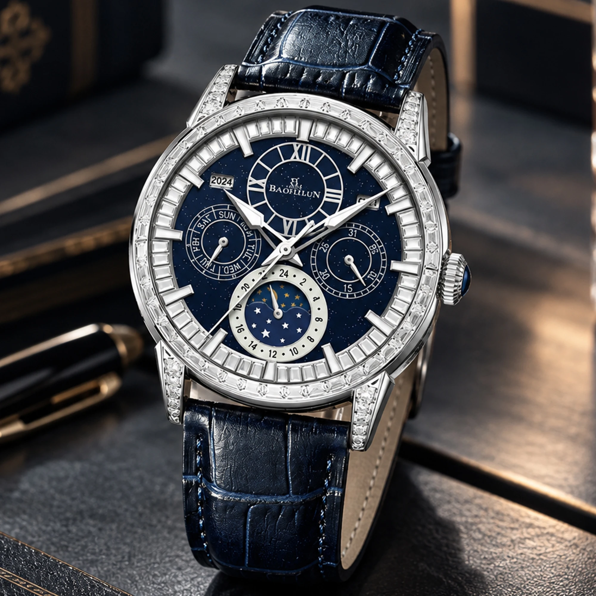 BAOFEILUN Luxury Diamond-Set Automatic Watch Moon Phase Full Calendar 5ATM Leather Strap Sapphire 42mm Men's Starry Sky Watches