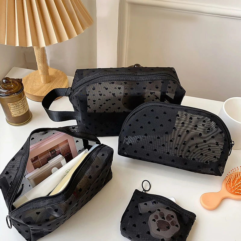 5 Sizes Heart Pattern Mesh Cosmetic Bags Portable Zipper Makeup Pouch Transparent Travel Toiletry Storage Organizer Daily Use
