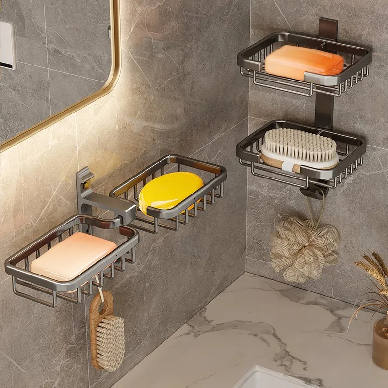 Bathroom Soap Dish Wall-mounted Creative Storage Soap Shelf Double Soap Network Space Aluminum Storage Shampoo Box