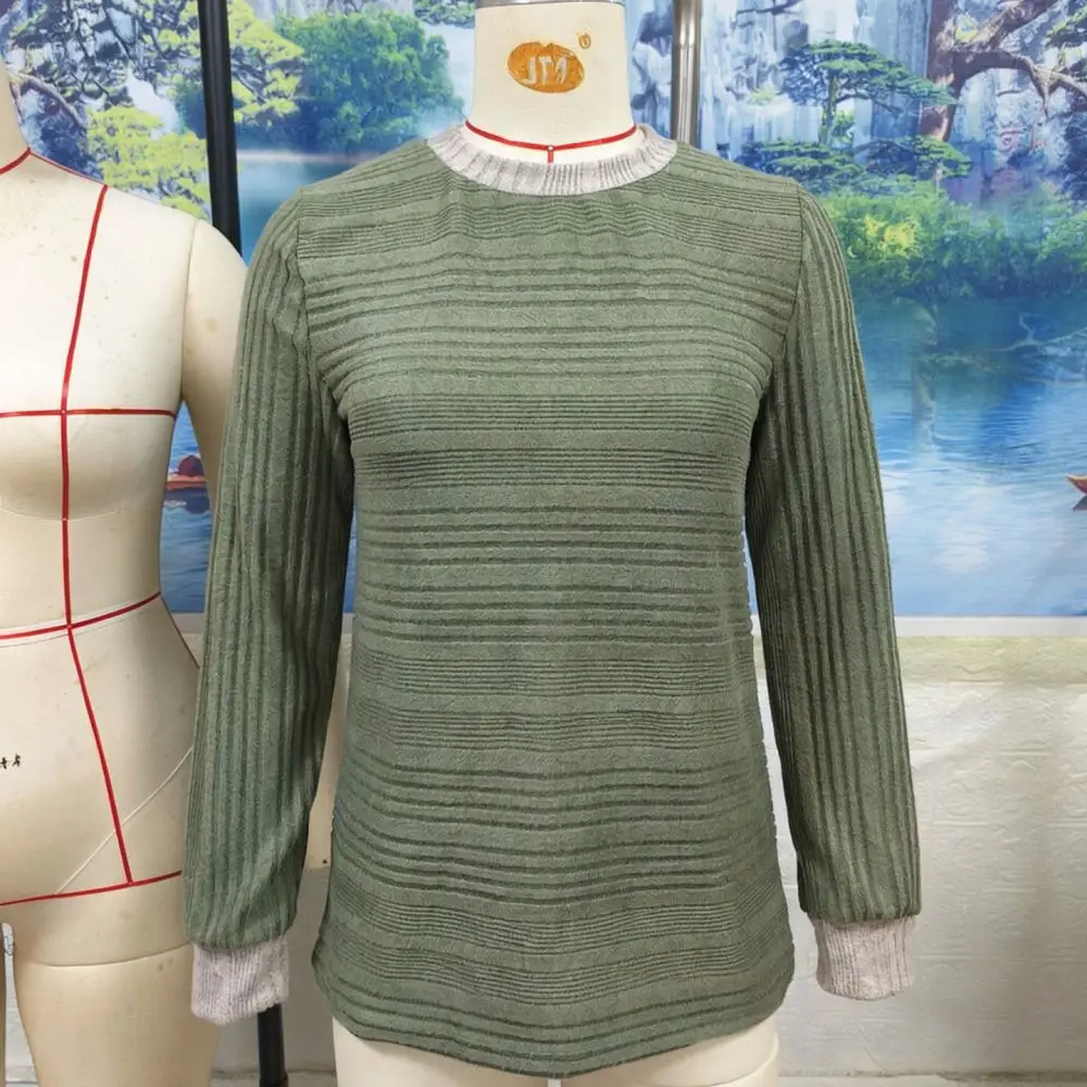 Autumn Winter Women Long Sleeve T Shirt Loose Casual Round Neck Colorblock Patchwork Comfy Soft Female Everyday Tops