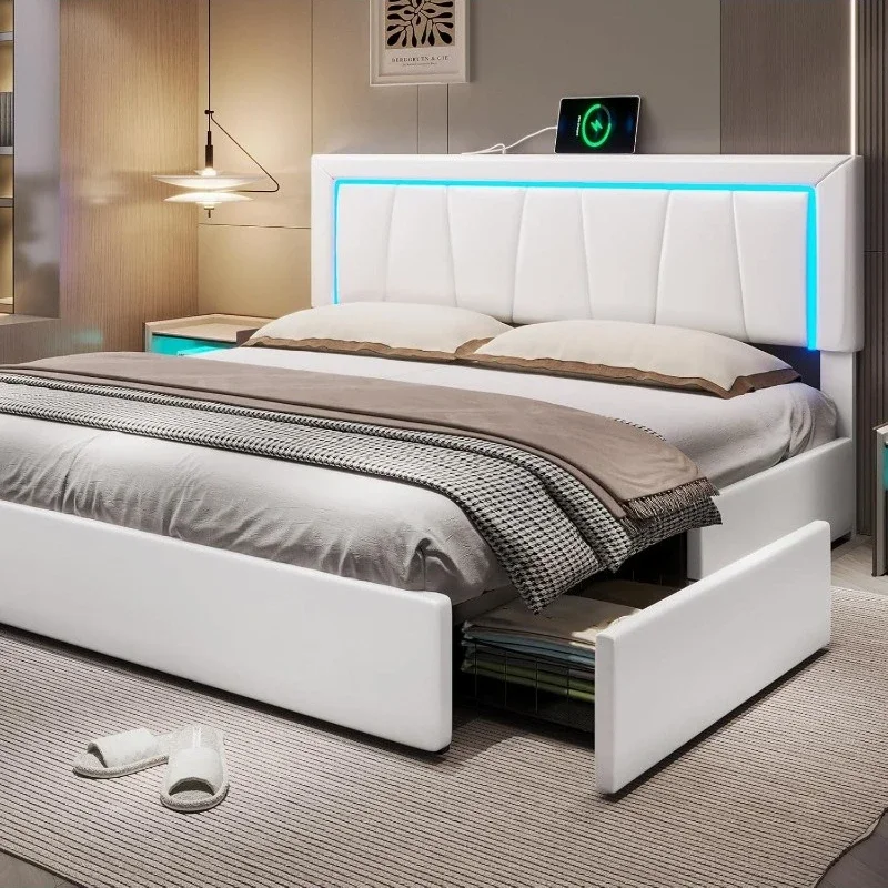 LED Light Platform Bed Cal King Size with Charging Station, White Artificial Leather Upholstered Headboard