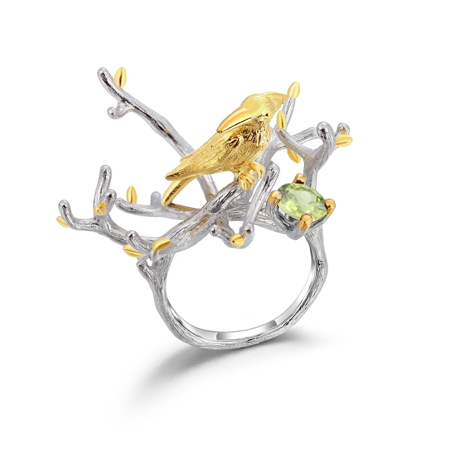 Luxury brand genuine real jewels Designer Olivine Natural Wind Branch Bird Design s925 Silver Inlaid Ring high quality