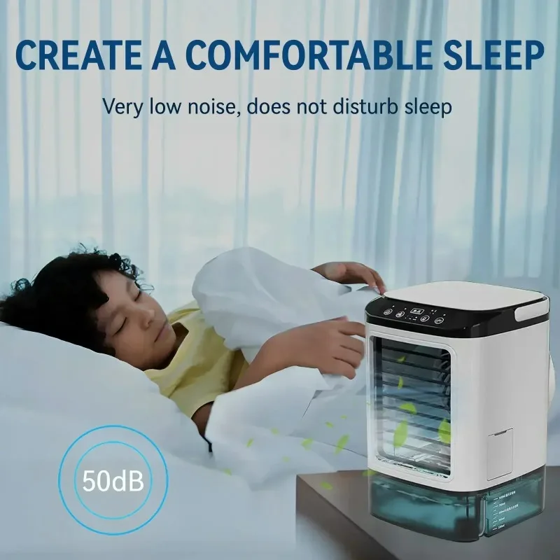 Rechargeable Mini Desk Evaporative Air Cooler 900ml Tank 3‑Speed Fan 7‑Color Night Light Humidifier for Home Outdoor Travel