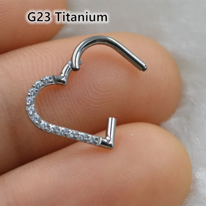 

10pcs G23 Titanium CZ Heart Shape Nose Hoop Septum Clicker Hinged Segment Ring Ear Cartilage Helix Rook Tragus 16G Ear Piercing