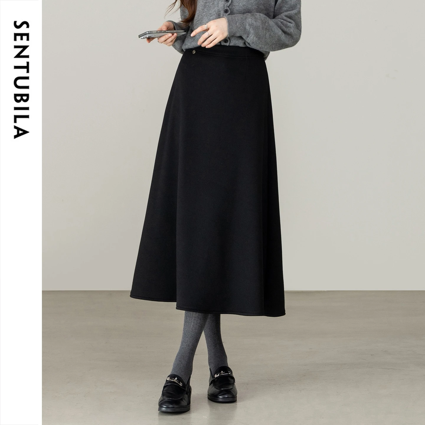SENTUBILA Women's Black Skirt 2026 Winter A Line Fleece Lined Warm Wool Blend Elastic Waist Slim Commute Long Skirt 164QA6716
